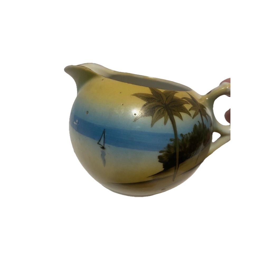 Vintage Nippon Hand Painted Beach Scene Moriage Matte Finish Footed Creamer